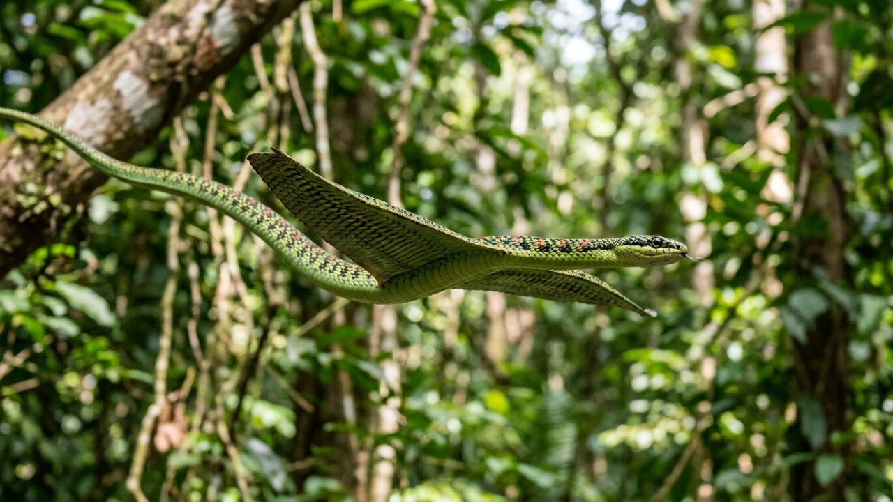 Cobras do gênero Chrysopelea achatam o corpo e planam entre árvores.