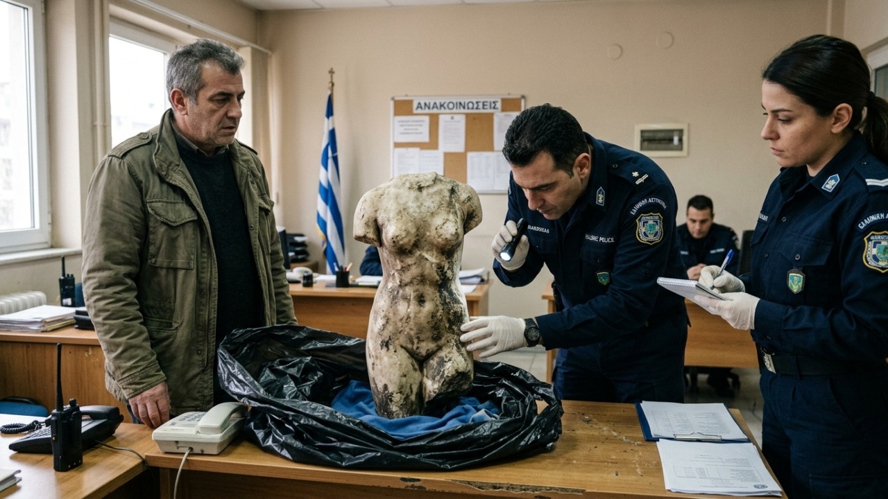 Escultura de mármore do período helenístico resgatada após descarte irregular próximo a lixeiras.