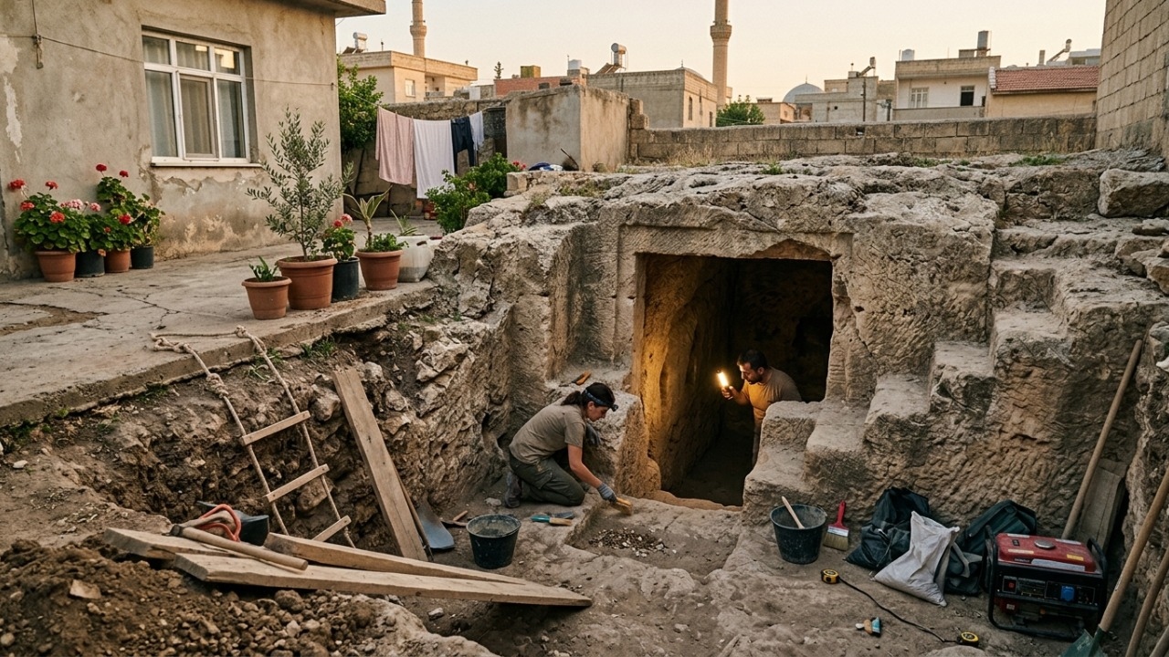 Tumba esculpida com figuras aladas é descoberta sob quintal na Turquia.
