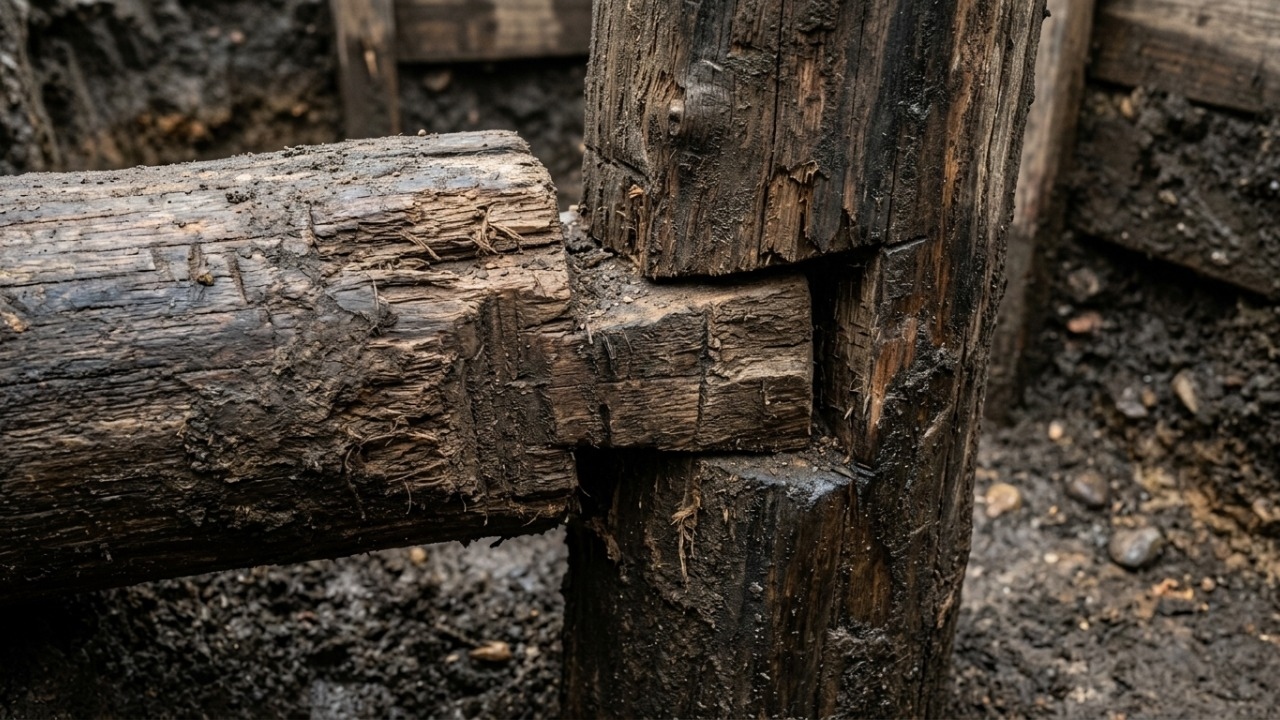 Toras encaixadas mostram engenharia em madeira há quase meio milhão de anos.