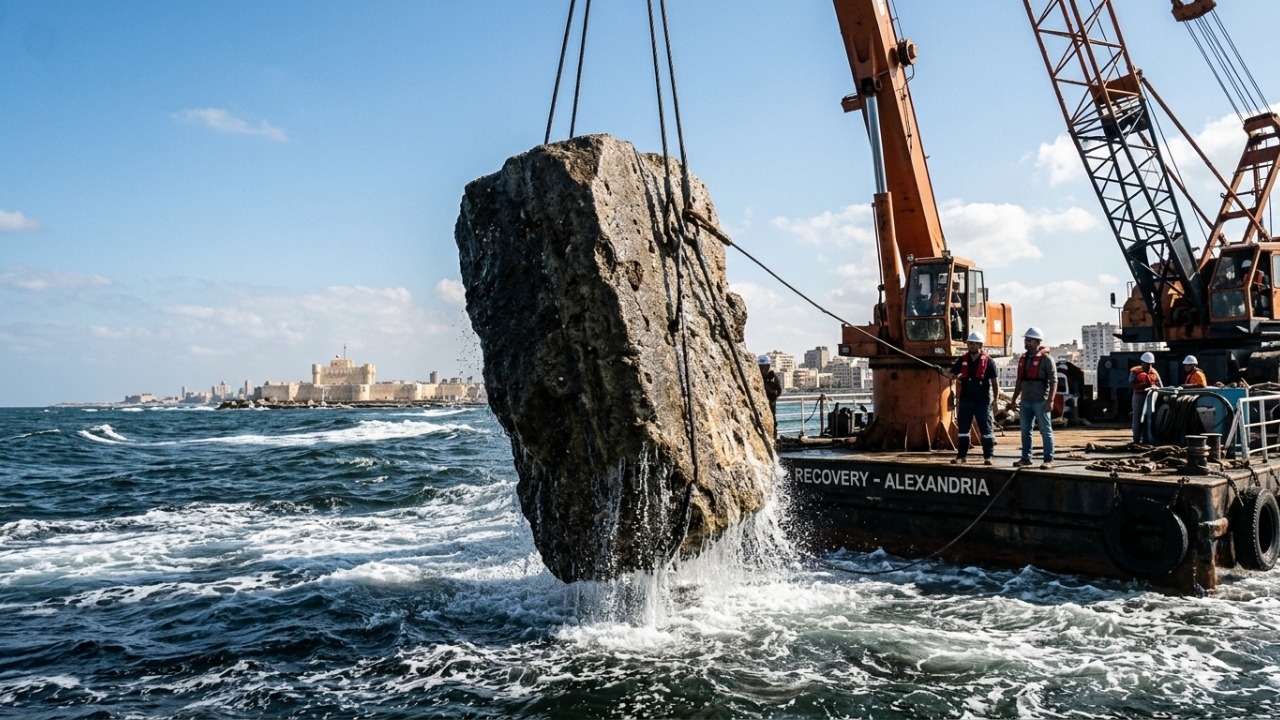 Içamento de megablocos submersos com guindastes para pesquisas arqueológicas no mar.
