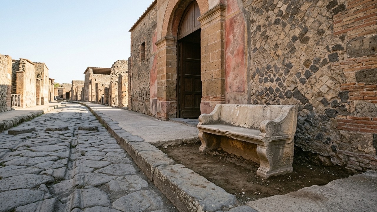 Um banco em Pompeia revela onde visitantes esperavam diante de uma villa.