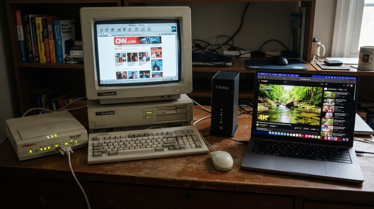 Popularizada nos anos 1990, a conexão discada utilizava um modem para transformar dados digitais em sinais transmitidos pela rede telefônica.