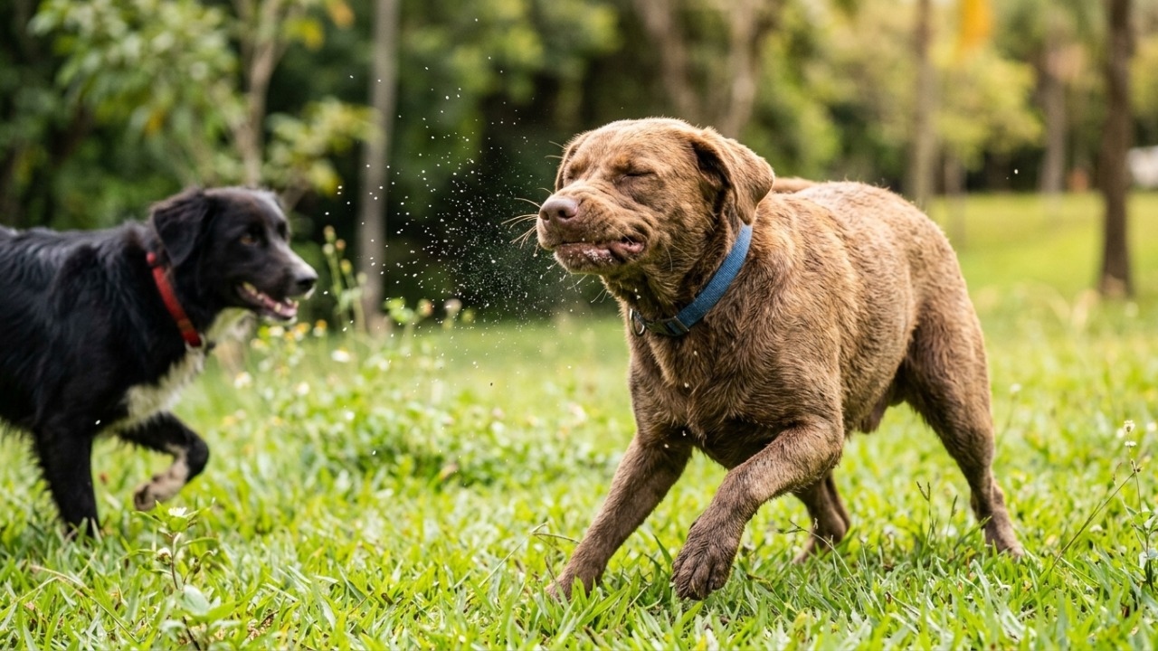 Comportamento lúdico que sinaliza interações sociais pacíficas e seguras entre cães durante brincadeiras.