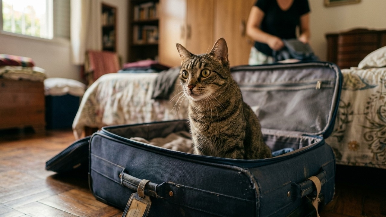 Gatos entram em malas ao notar mudanças iminentes no ambiente doméstico.