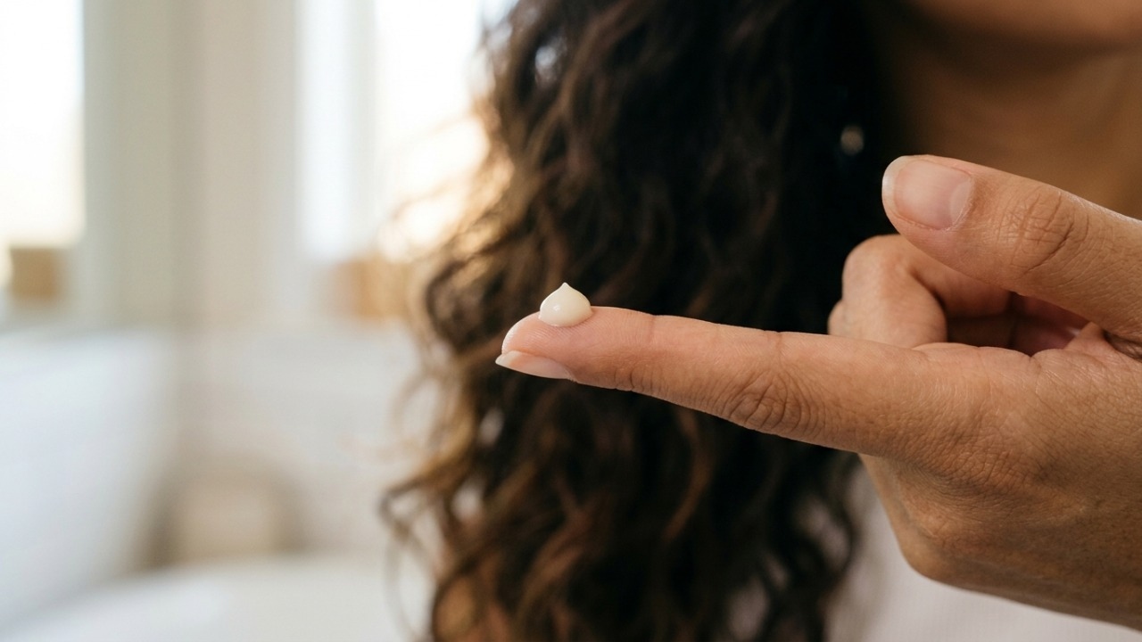 Uso estratégico de pouco creme em mãos úmidas alinha fios arrepiados rapidamente.