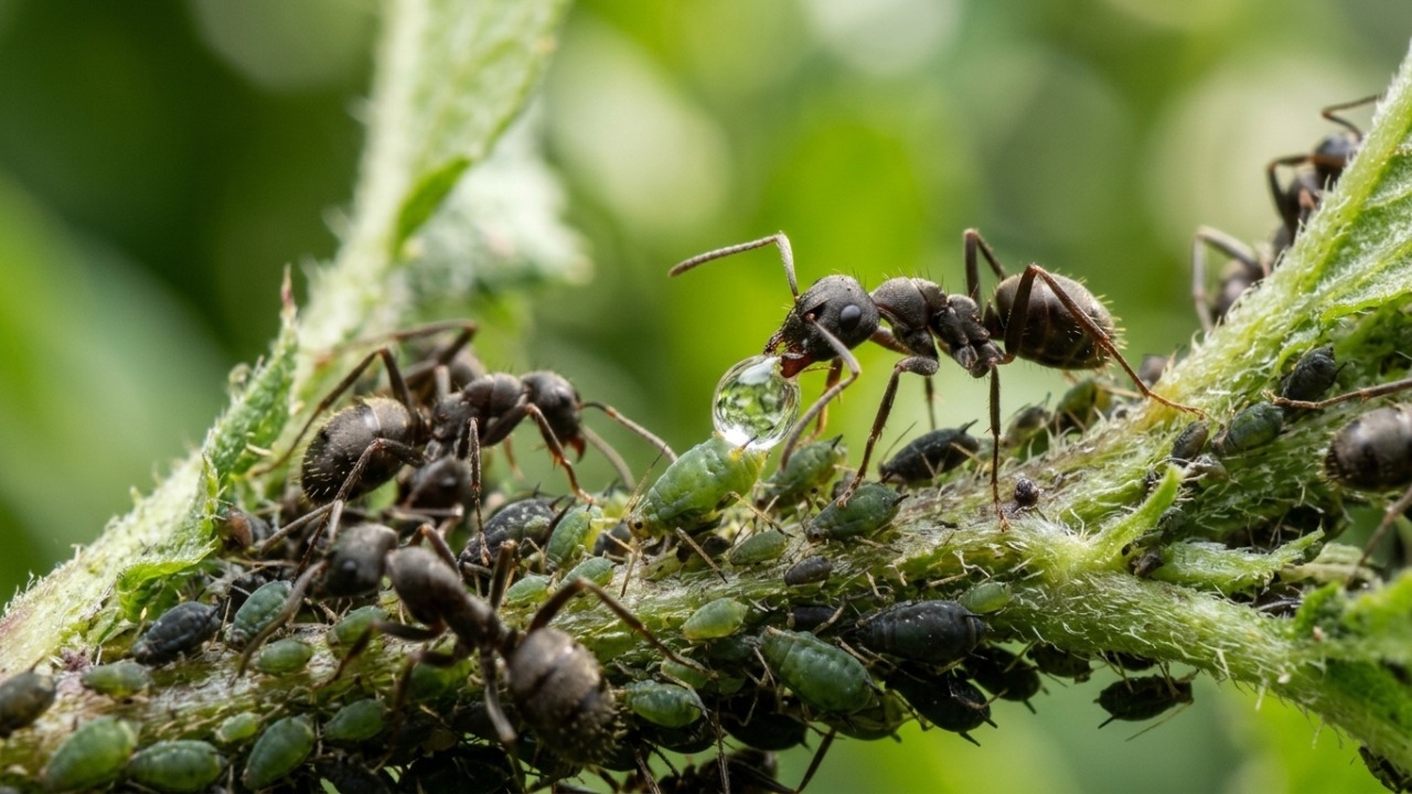 Gotas de melada atraem formigas em busca de ricos nutrientes energéticos.