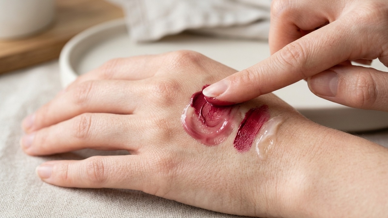 Combinação com balm labial para modular a intensidade da cor na maquiagem.