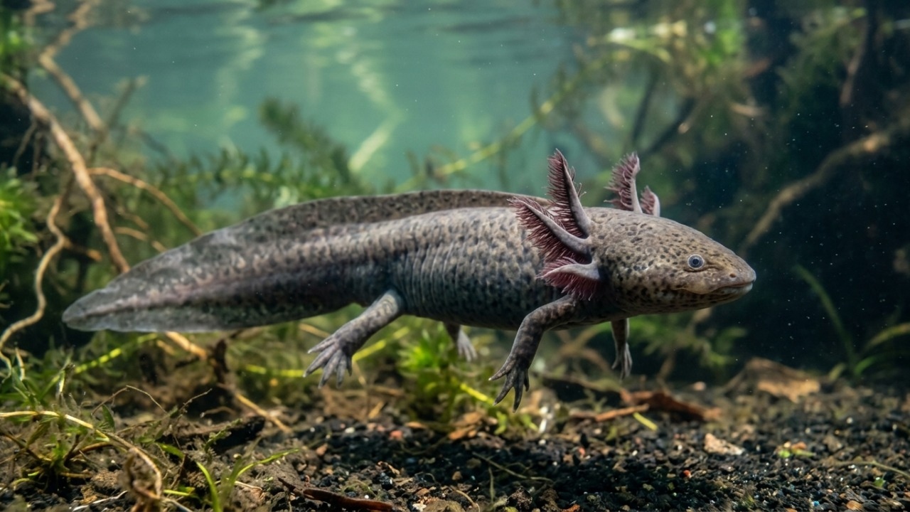 Animal alcança a maturidade sem realizar a metamorfose completa para a terra.