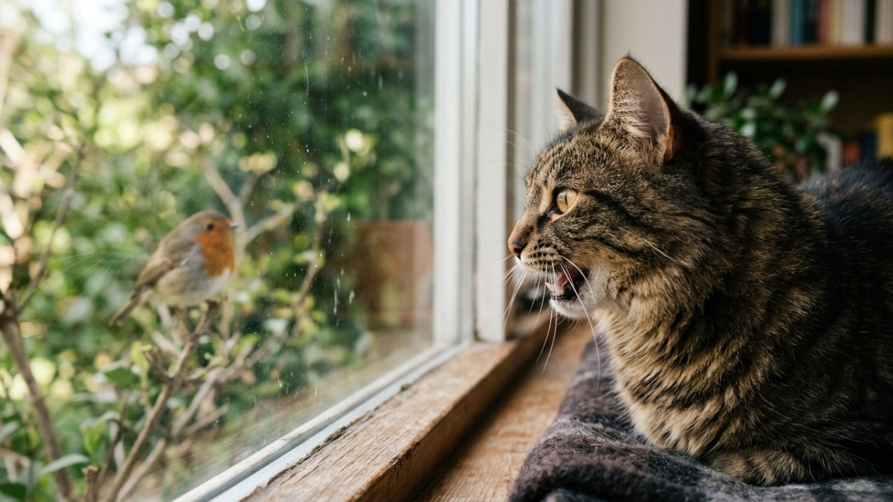 Comportamento instintivo ligado à atenção predatória quando presas permanecem inalcançáveis aos gatos.