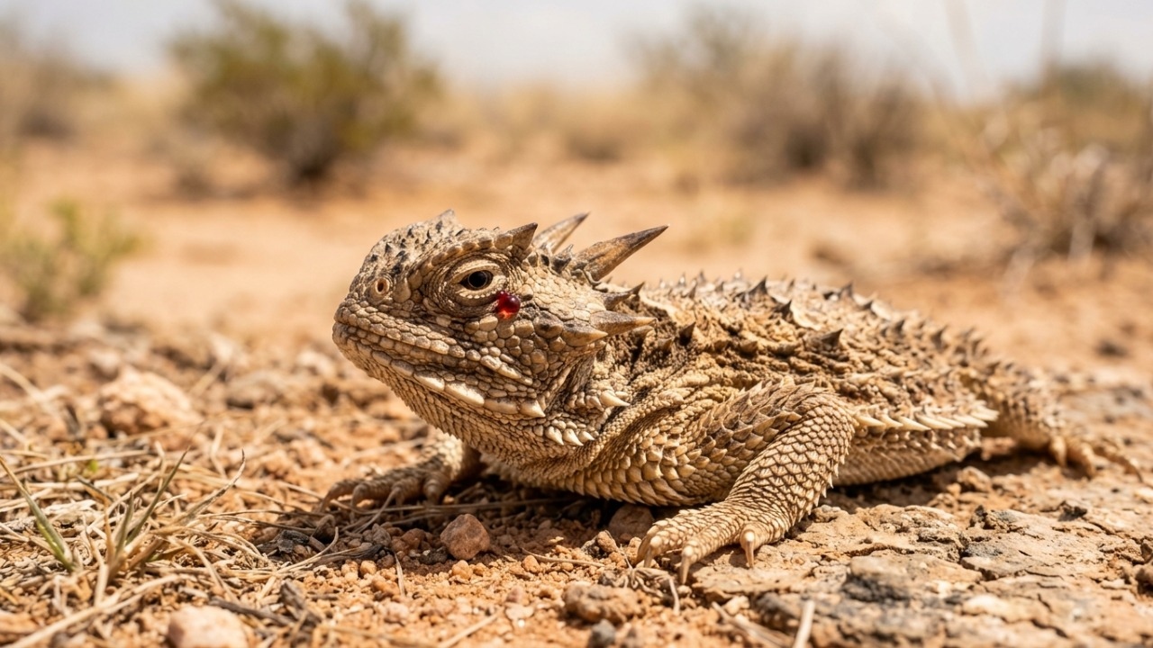 Estratégia defensiva e peculiar do lagarto-de-chifres para escapar dos predadores.