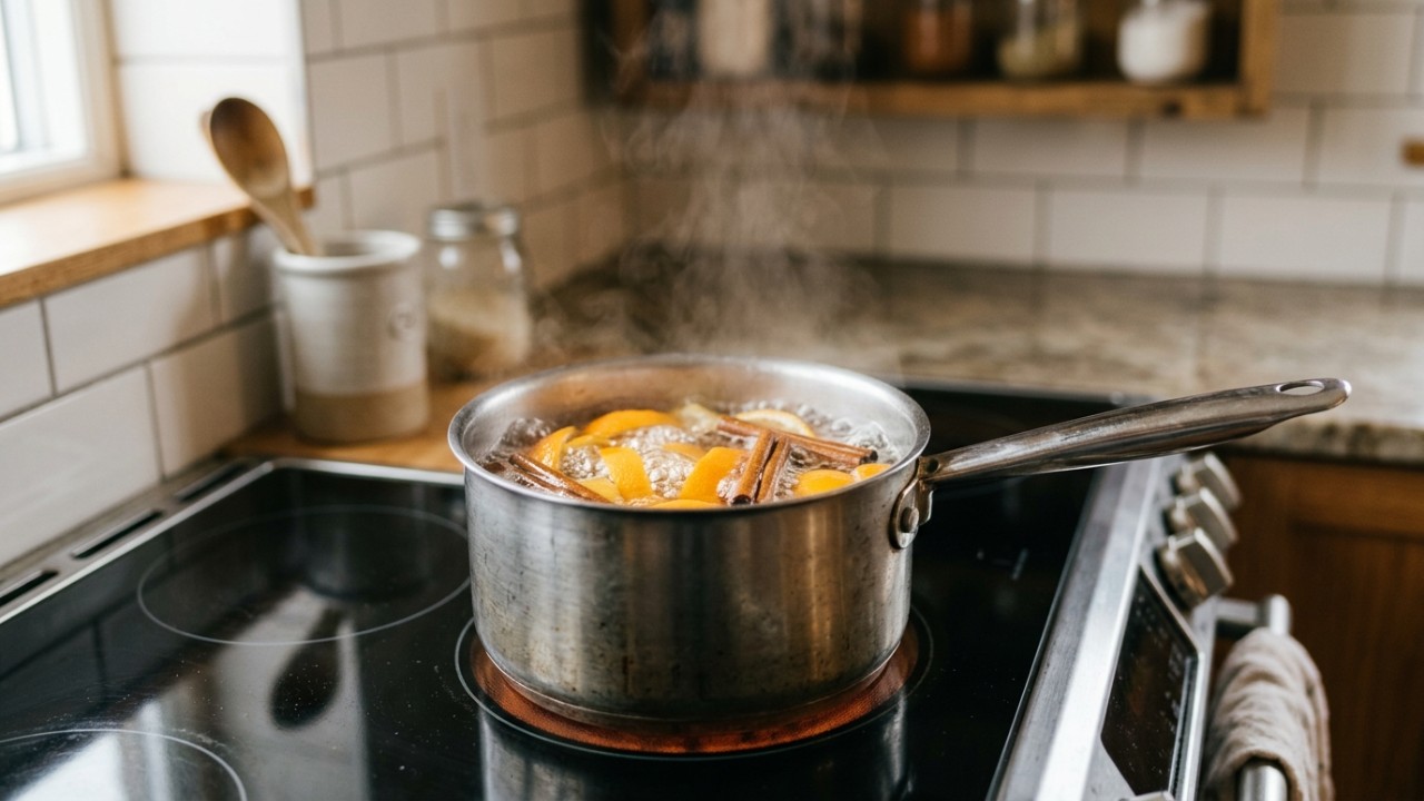 Ferver cascas de laranja na água é um método natural e eficiente para eliminar odores fortes e perfumar a cozinha.