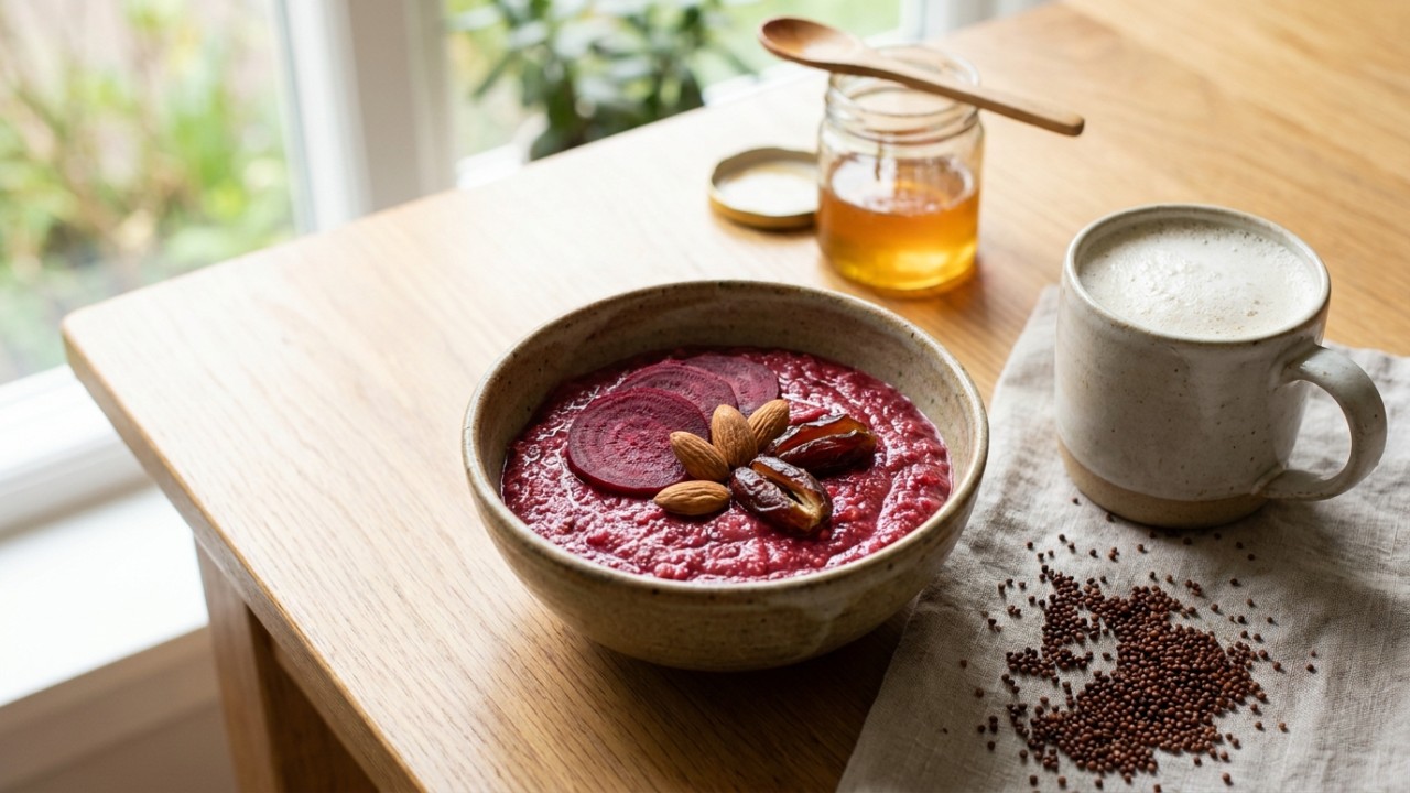 A combinação nutritiva de ragi com beterraba garante energia duradoura e disposição para encarar manhãs dinâmicas.