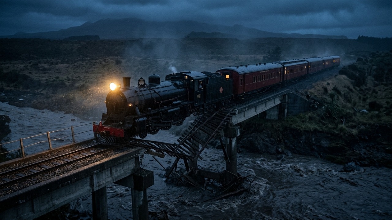 Corrente destruiu pilares minutos antes da aproximação do trem expresso noturno.