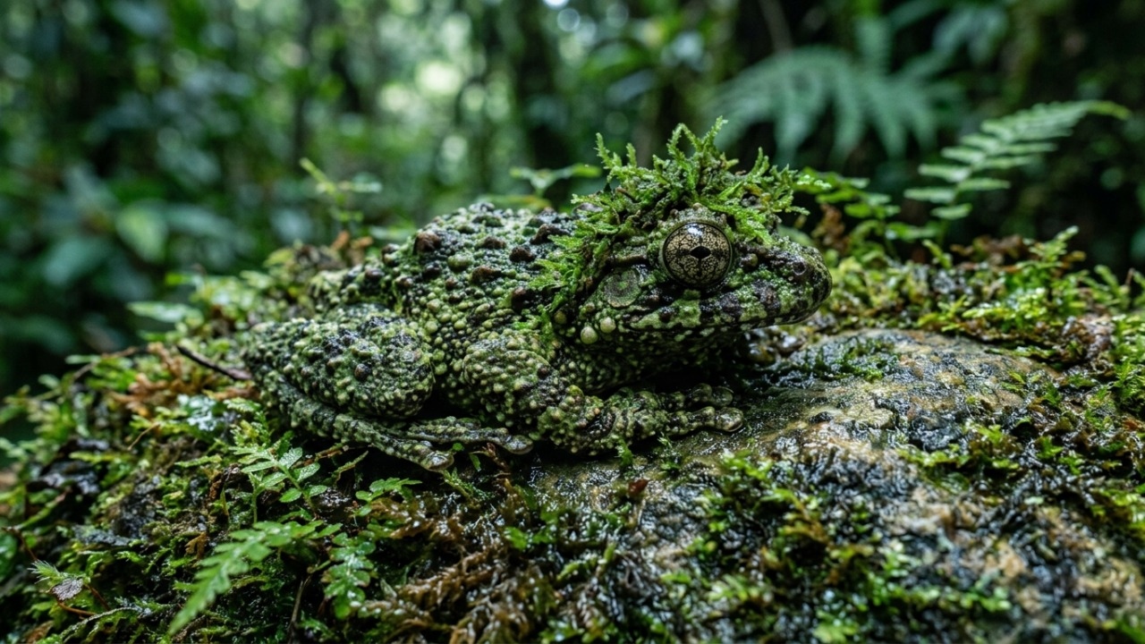 Pele irregular e comportamento defensivo garantem disfarce perfeito na natureza úmida.