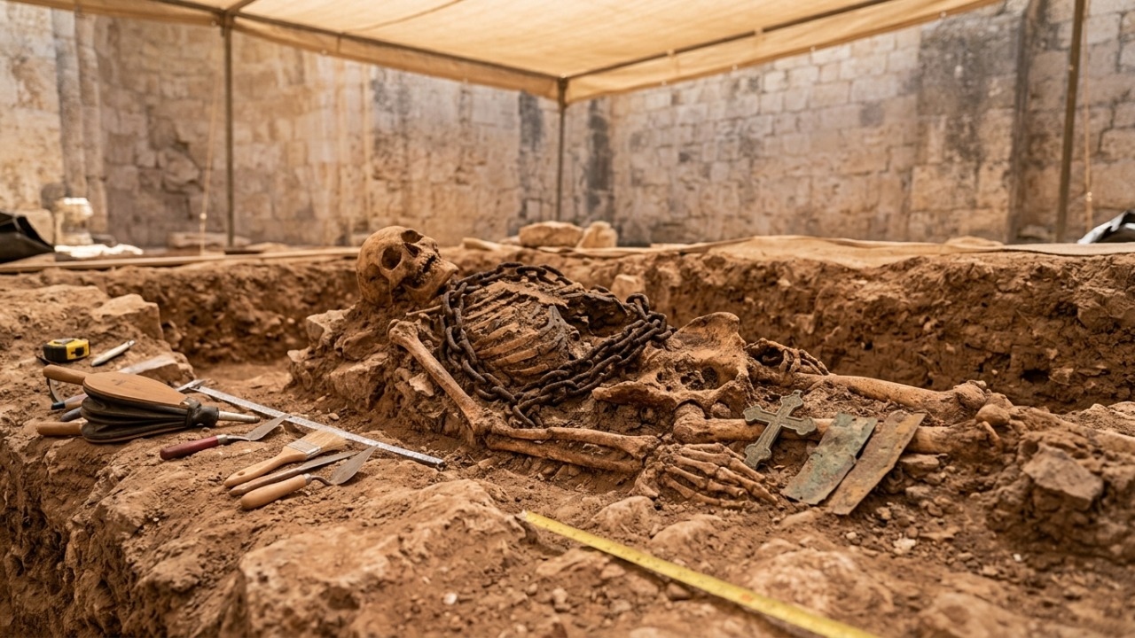 Ossos sepultados com correntes de metal indicavam antiga prática de disciplina.