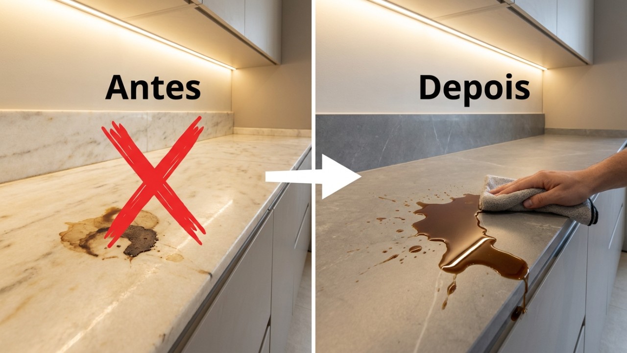 A substituição do mármore tradicional pela pedra sinterizada garante alta resistência e praticidade na rotina da cozinha.