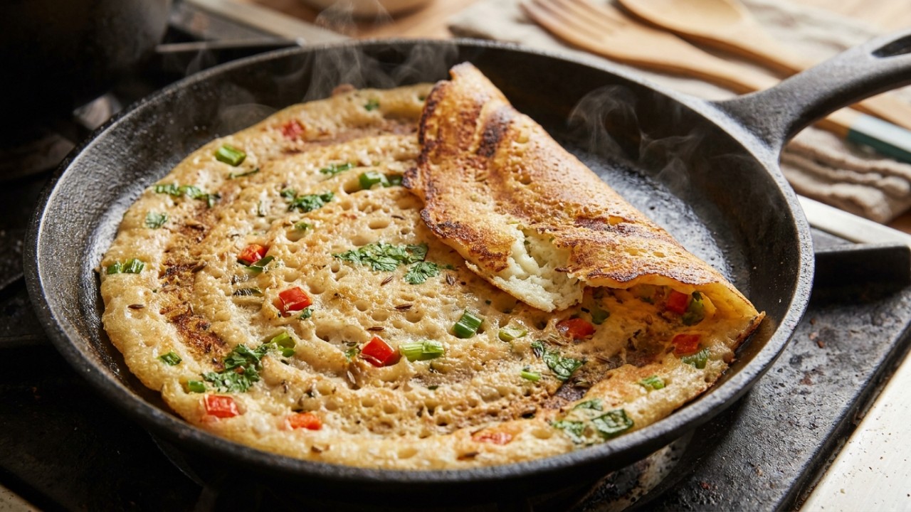 A dosa de trigo com vegetais e temperos aromáticos garante um café da manhã prático e saboroso em poucos minutos.