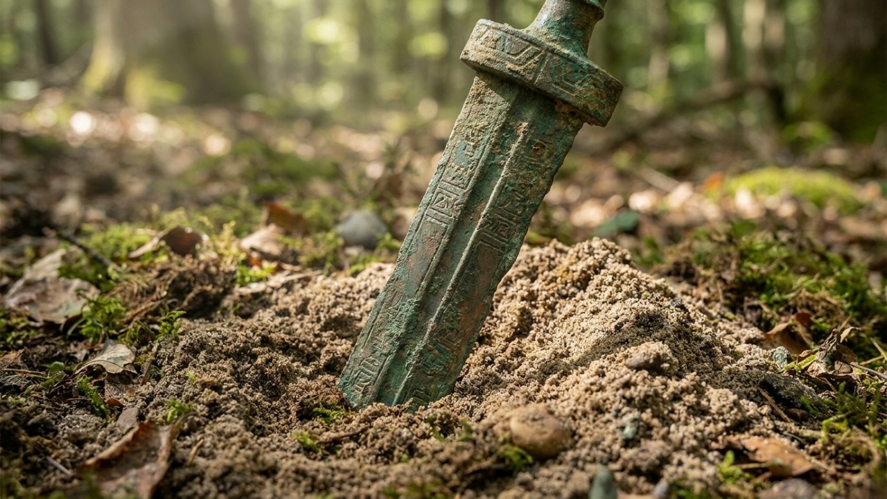 Espada de bronze com cerca de 2.700 anos é encontrada fincada no solo na Polônia.