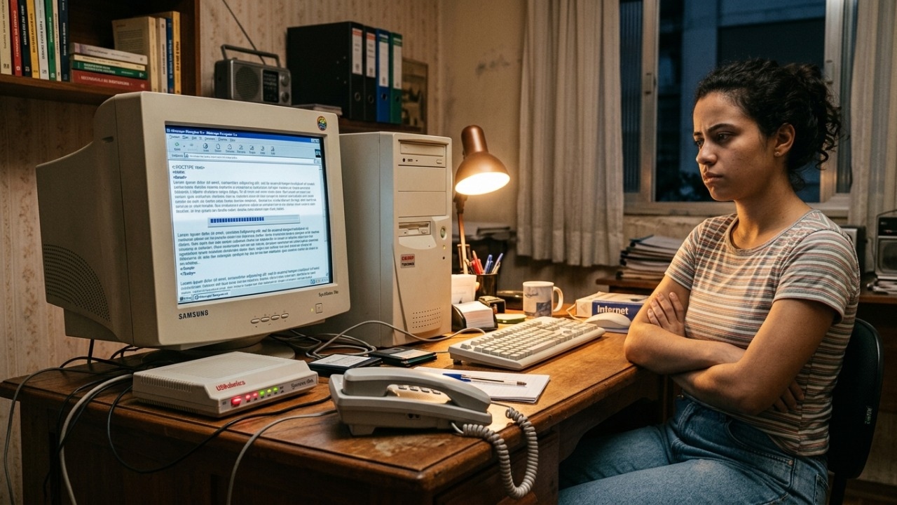 Conexão discada operava via modem e impedia chamadas telefônicas simultâneas.