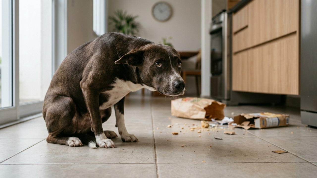 Olhar de culpa nos cães reflete sinais de apaziguamento diante da repreensão.