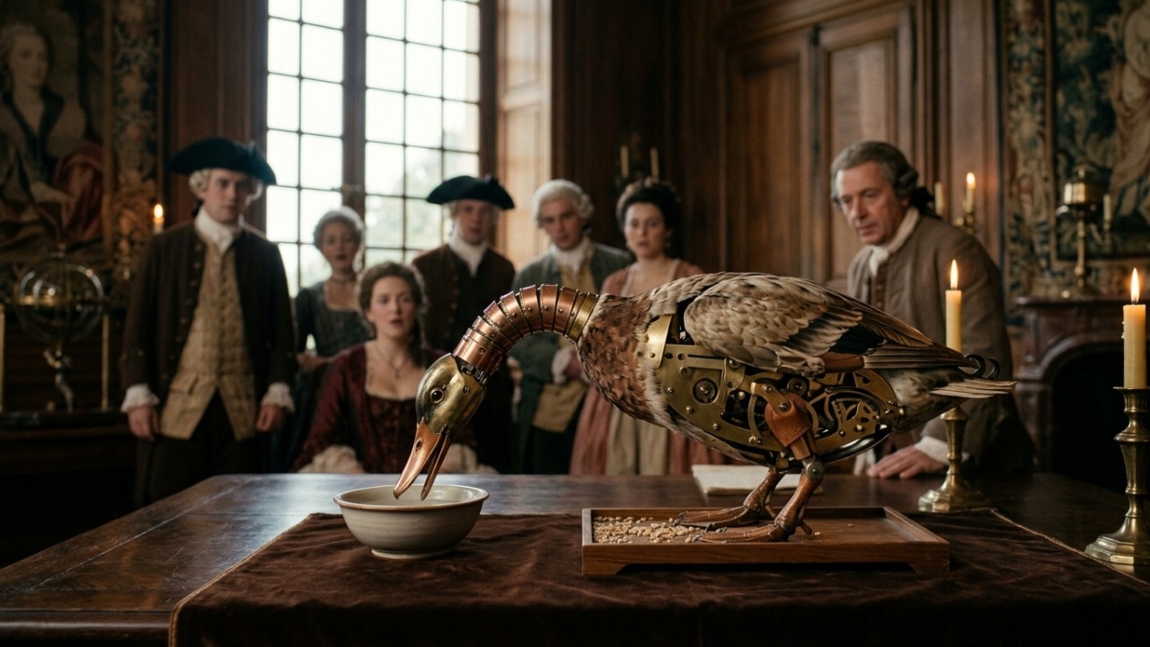O pato mecânico do século XVIII fingia digerir comida diante do público.