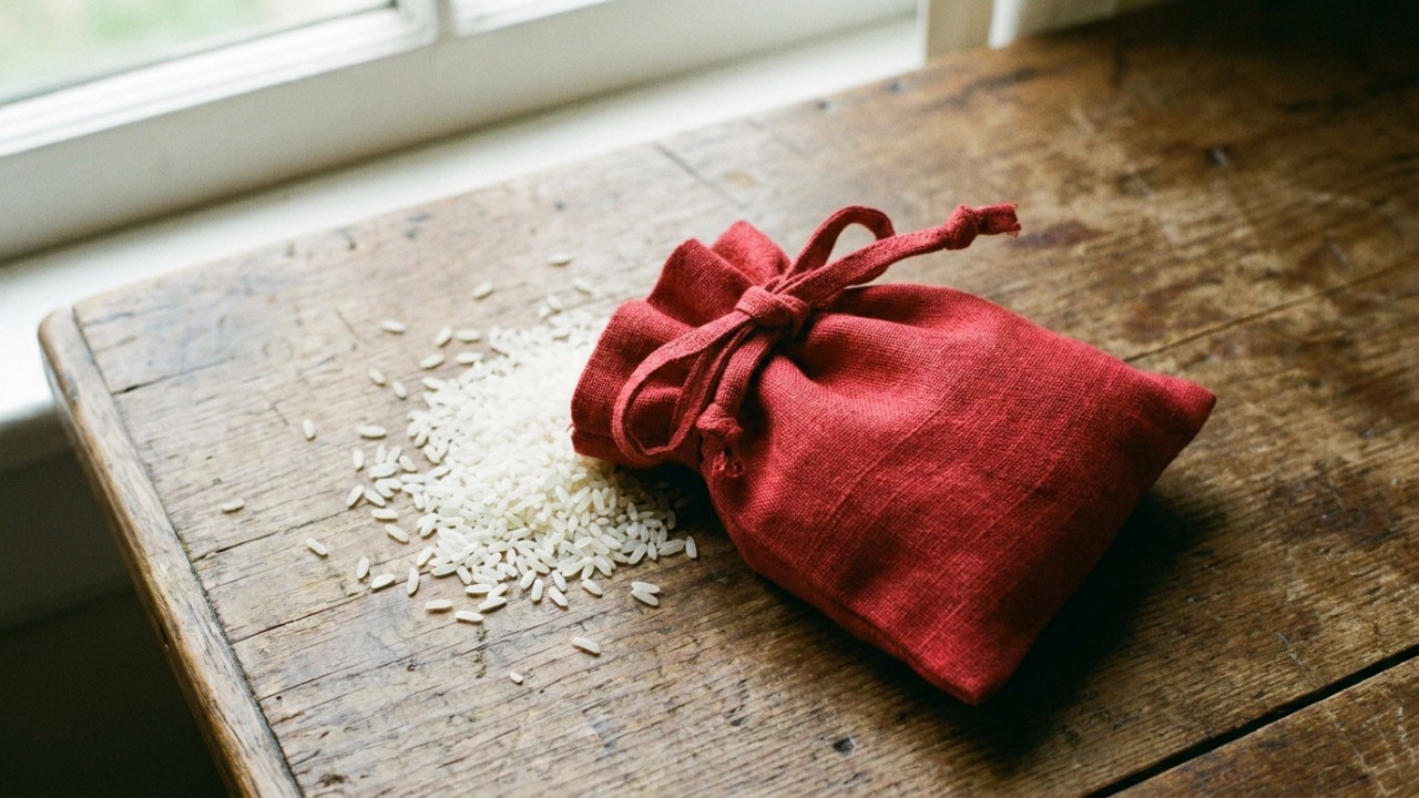 Carregar um pequeno grão de arroz na bolsa atua como um símbolo motivacional para atrair prosperidade.