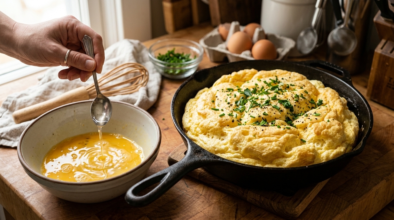 O leite na omelete pode produzir um resultado mais cremoso ou mais rico dependendo da quantidade e do modo de preparo.