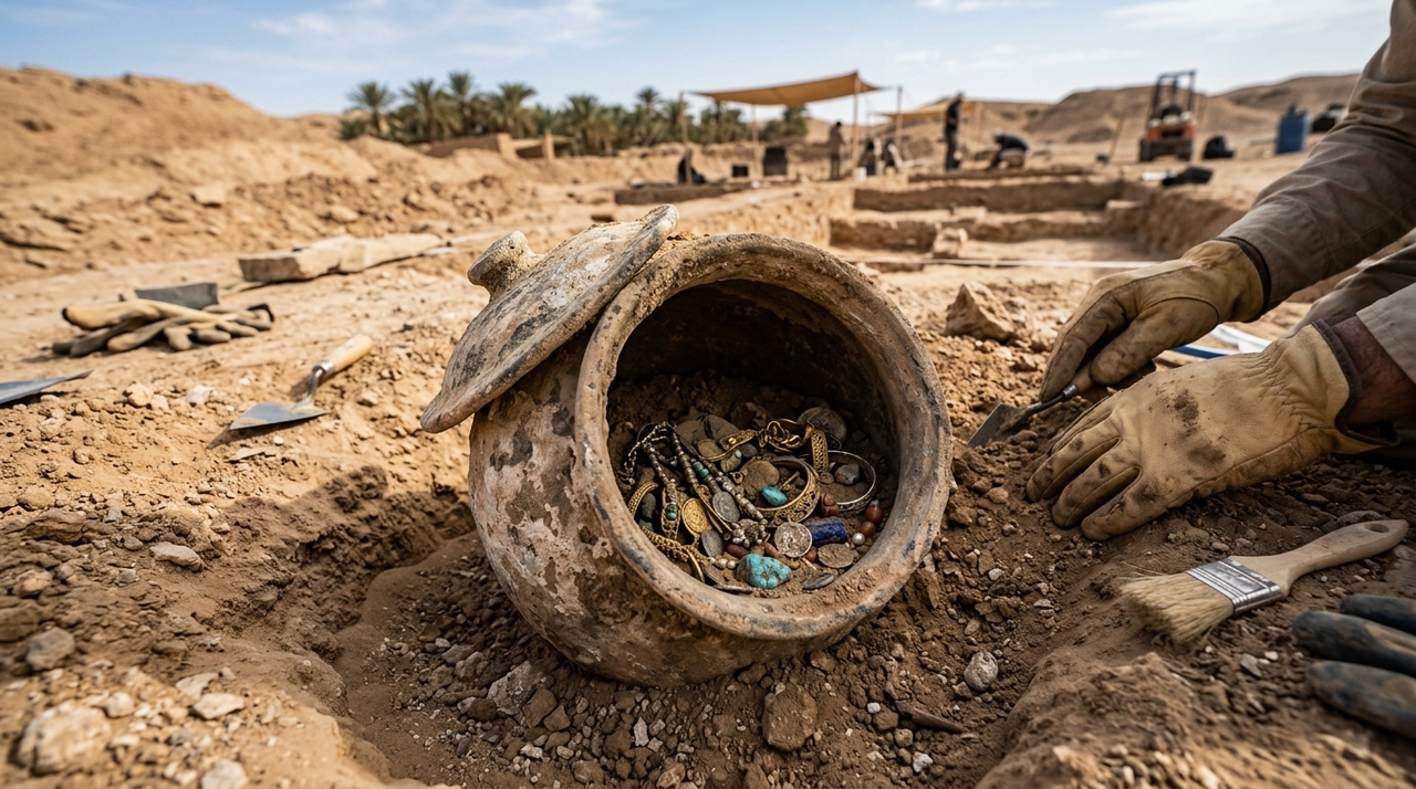 Batizada de Tesouro de Dhariyah, a coleção estava guardada em um recipiente de barro enterrado entre estruturas residenciais.