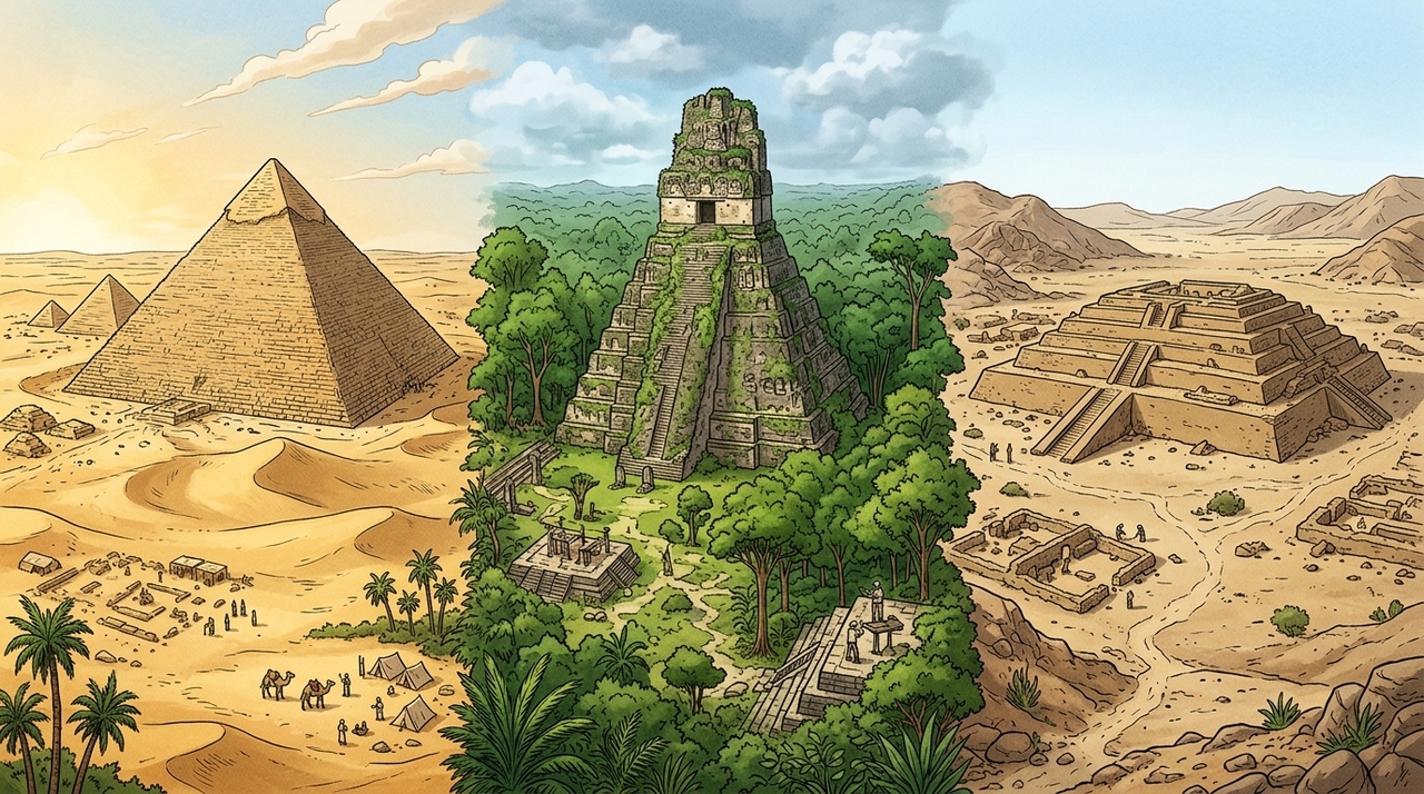 As construções piramidais aparecem em locais geograficamente isolados, como na América Central, na África e na Ásia.