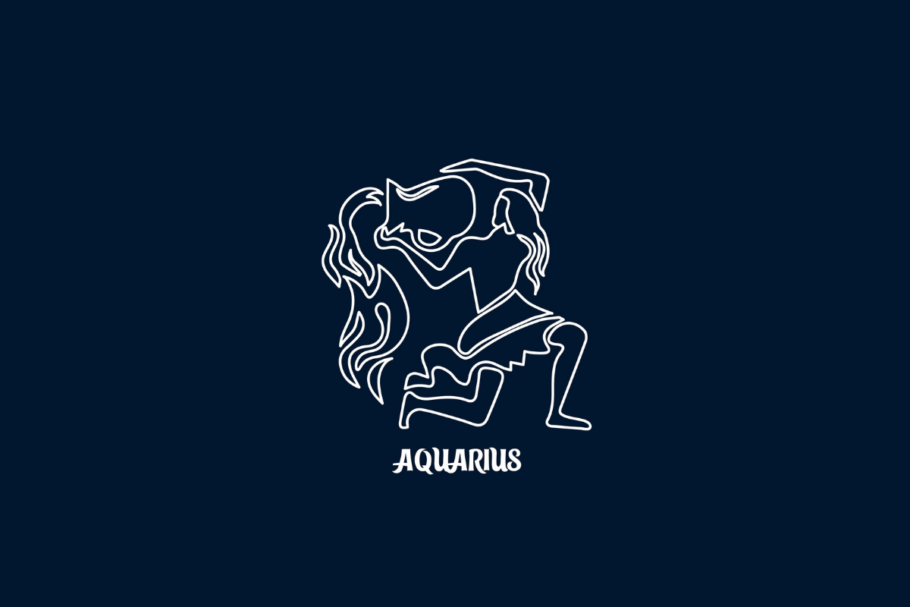 Uma ilustração branca de linha única do signo de Aquário em um fundo azul escuro, com o texto "AQUARIUS" abaixo.