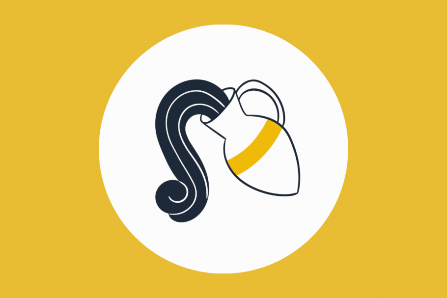 Ilustração minimalista de um jarro de água branco com uma faixa amarela derramando água escura e estilizada, dentro de um círculo branco sobre um fundo dourado.