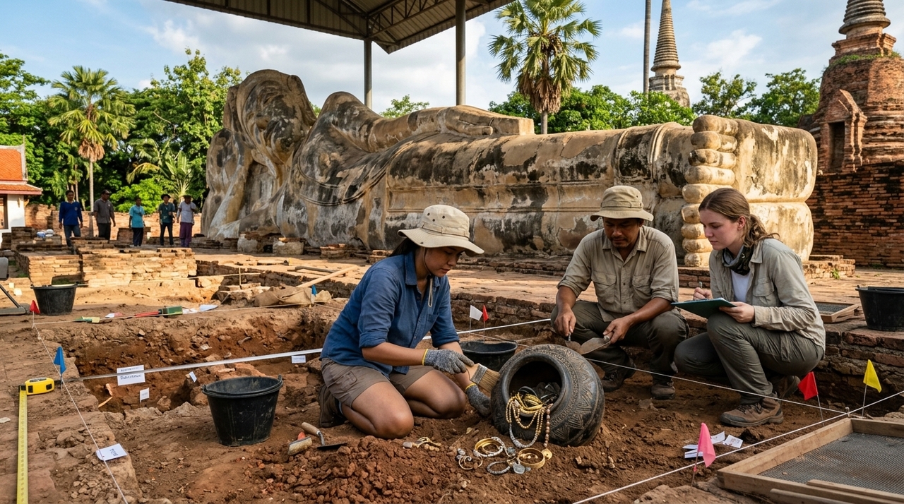 A descoberta ocorreu no complexo Wat Thammachak Sema Ram, durante obras de conservação no sítio arqueológico de Phra Non, na Tailândia.