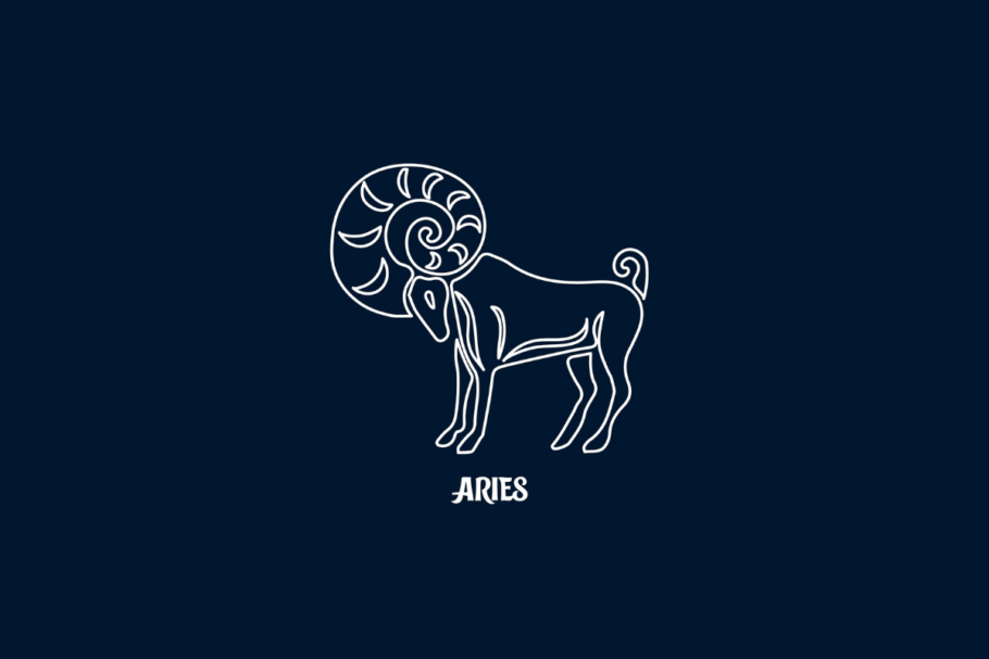 Uma ilustração branca de linha única do signo de Áries em um fundo azul escuro, com o texto "ARIES" abaixo.