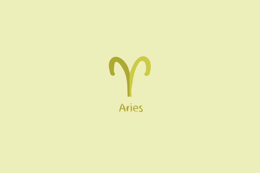 Ilustração do signo de áries em verde e bege-escuro centralizado sobre fundo amarelo