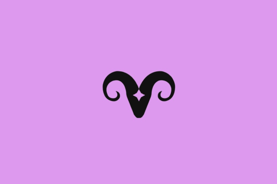 Símbolo do signo de Áries em preto com uma estrela em fundo roxo