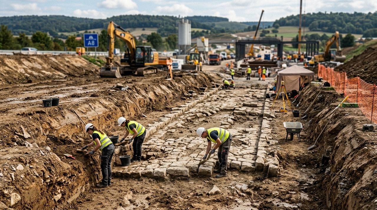 As escavações começaram em agosto de 2025 como parte das pesquisas arqueológicas exigidas antes das obras do novo trecho Albaufstieg da A8.