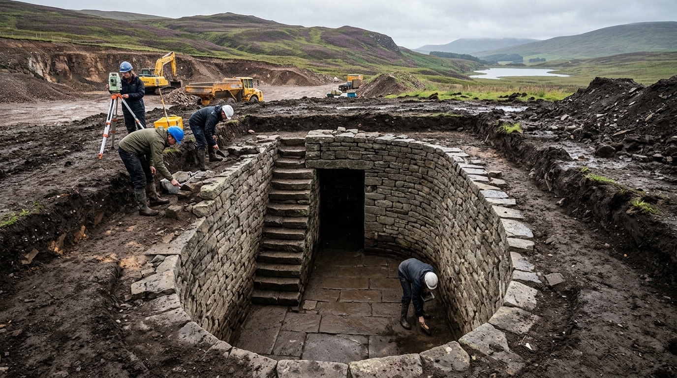 A descoberta ocorreu em Evelix Quarry, perto de Dornoch, nas Terras Altas da Escócia, porque a ampliação da pedreira exigia acompanhamento arqueológico preventivo.