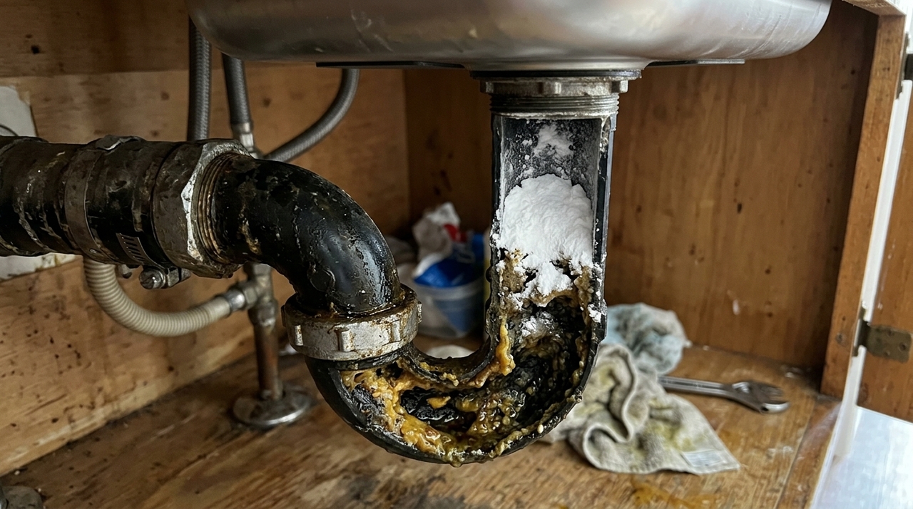 detergente e resíduos de alimentos passam repetidamente pelo ralo da cozinha e carregam rapidamente qualquer bicarbonato adicionado