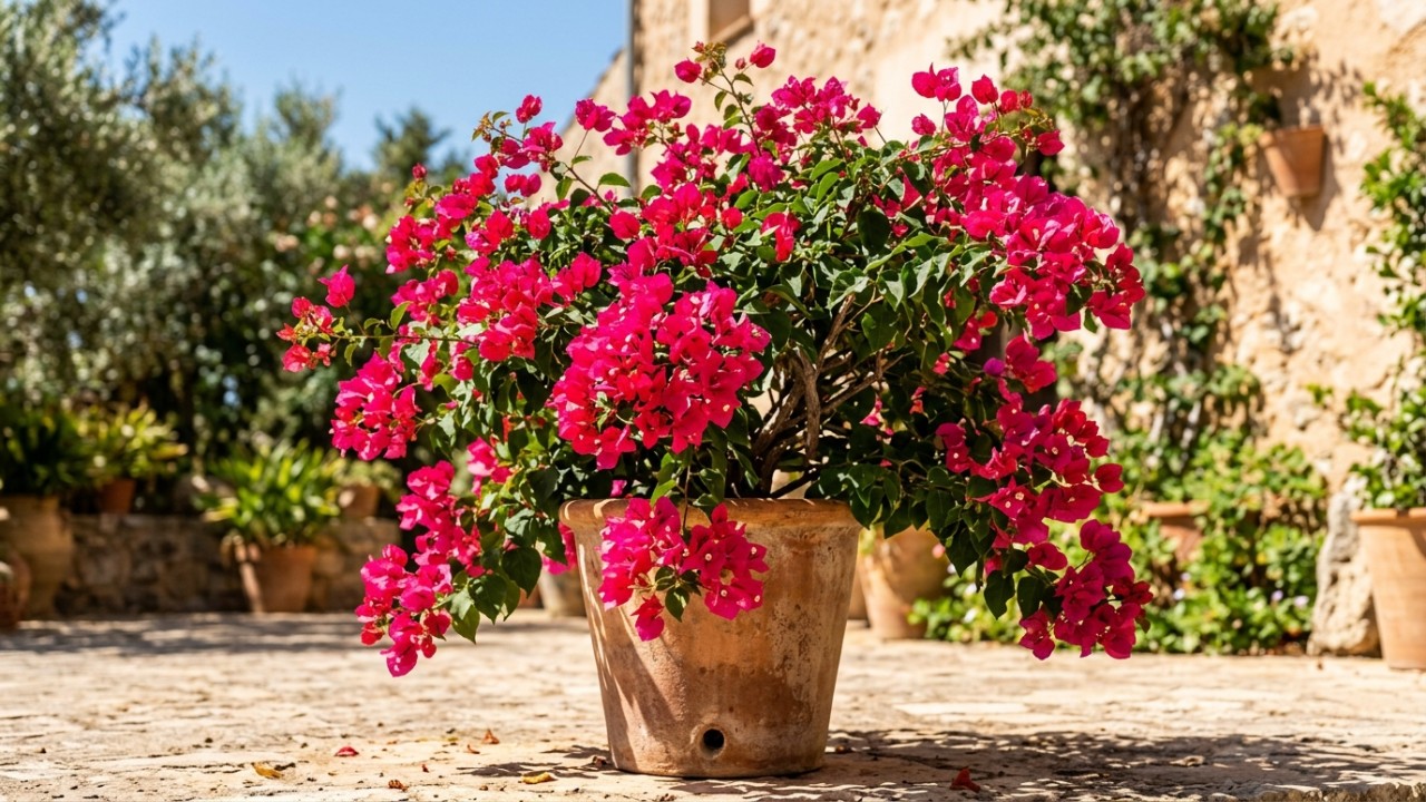 Sol direto e adubação equilibrada ajudam a bougainvillea a produzir flores mais intensas e vibrantes.
