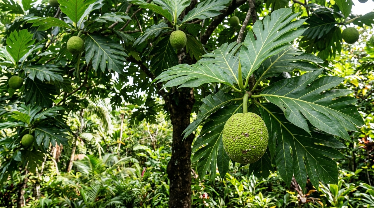 O fruto da fruta-pão é um dos elementos mais fáceis de identificar.