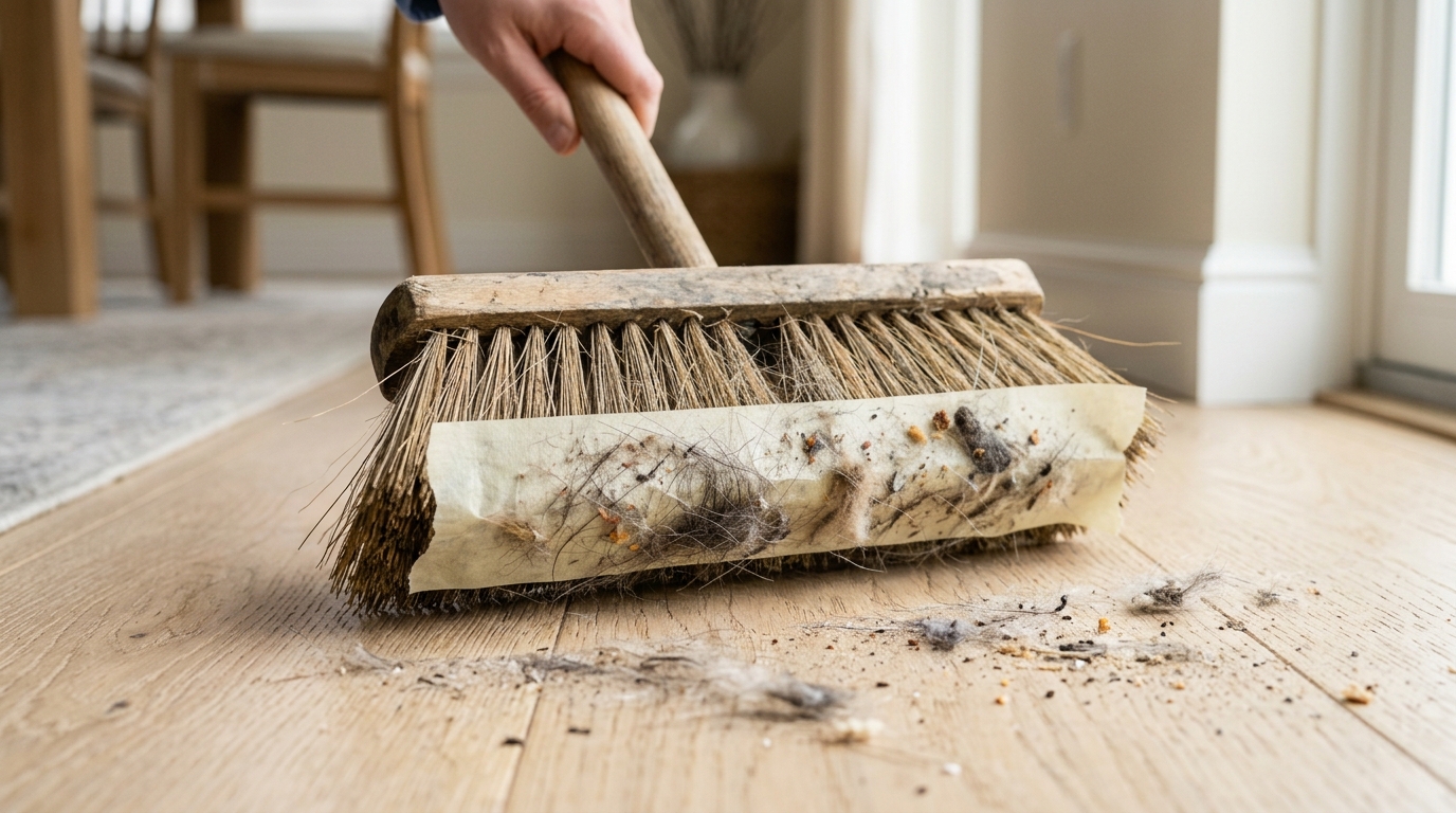 Corte uma tira de fita adesiva larga, como fita de embalagem ou fita crepe, e fixe na parte inferior da vassoura, próxima às cerdas.