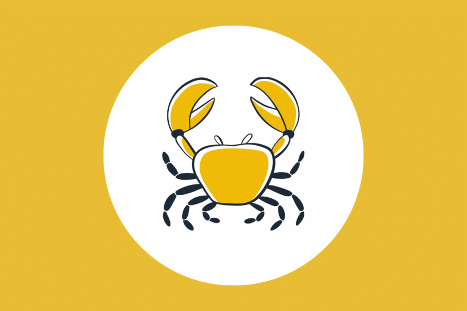 Ilustração minimalista de um caranguejo com pernas pretas e corpo e garras amarelas, dentro de um círculo branco sobre um fundo dourado.