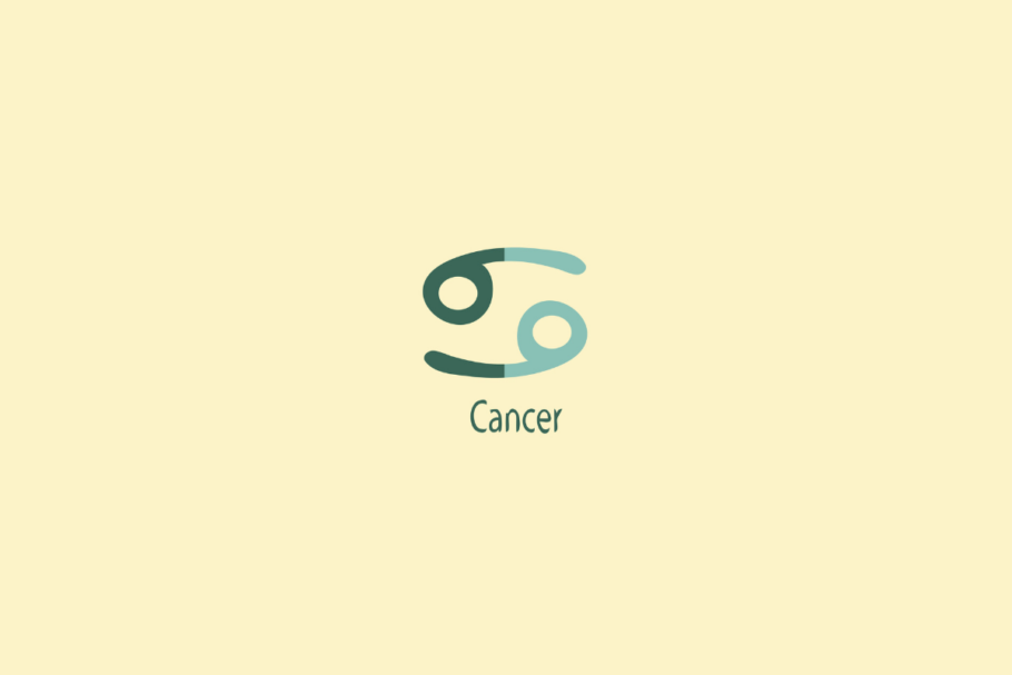 Ilustração do signo de câncer em azul-claro e escuro centralizado sobre fundo amarelo