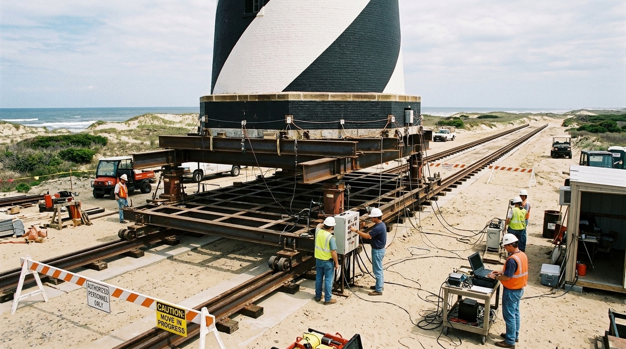 Os engenheiros separaram cuidadosamente o farol de sua fundação e instalaram uma estrutura provisória composta por centenas de toneladas de aço.