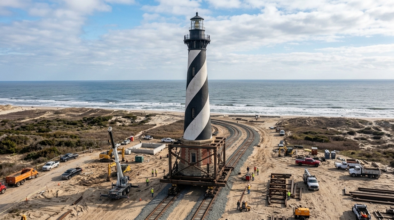 Os engenheiros separaram cuidadosamente o farol de sua fundação e instalaram uma estrutura provisória composta por centenas de toneladas de aço.