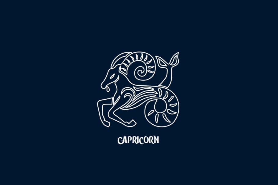Uma ilustração branca de linha única do signo de Capricórnio em um fundo azul escuro, com o texto "CAPRICORN" abaixo.