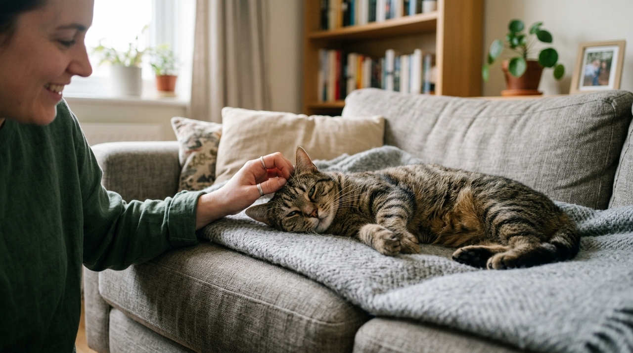Em situações tranquilas, o ronronar aparece com frequência quando o gato descansa, recebe carinho ou permanece próximo de alguém com quem se sente seguro.