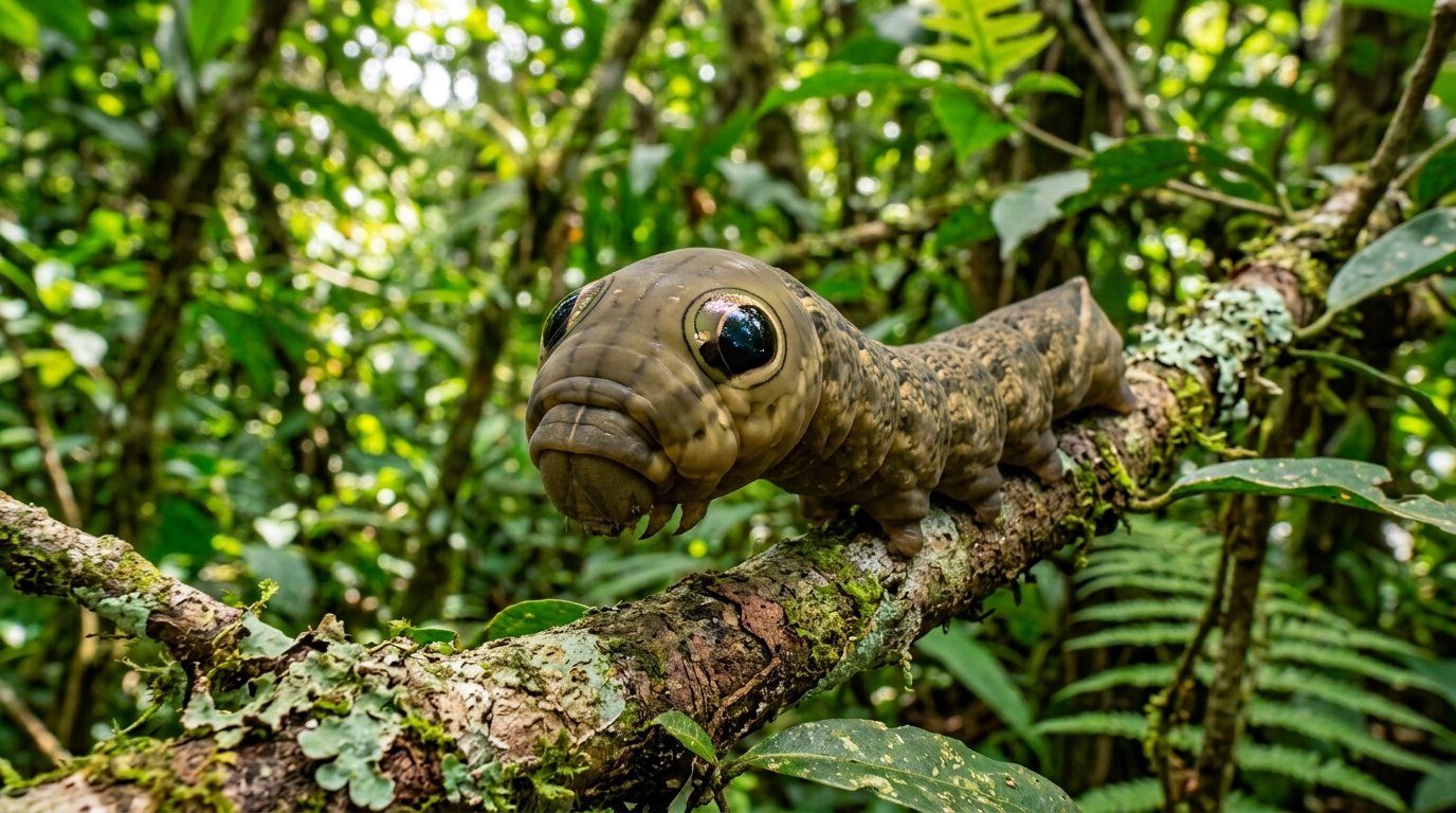 A lagarta de Hemeroplanes triptolemus é famosa pelo blefe visual.