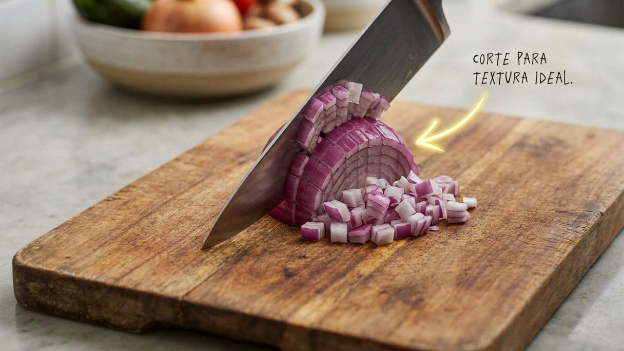 A cebola roxa picada garante a crocância e o frescor ideais para um guacamole autêntico.